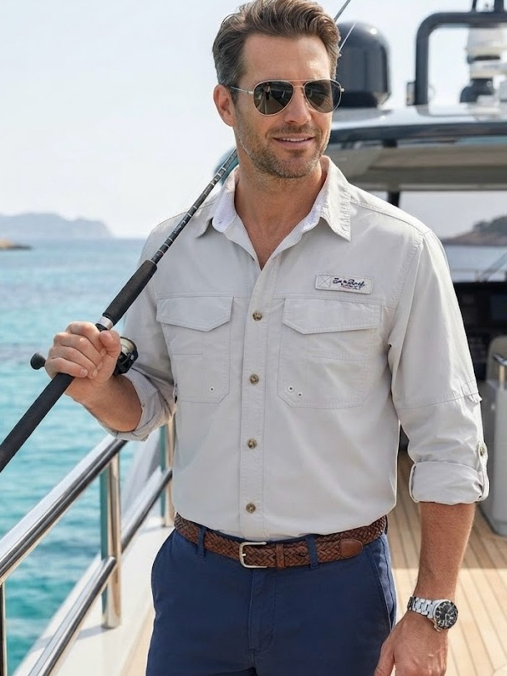Bimini Bay Outfitters Beige Performance Fishing Yacht Shirt Long Sleeve Vented